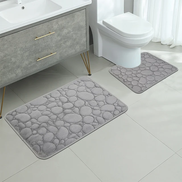 Clearance_Embroidered Tapis de sol en velours de corail galets, tapis de salle de bain, tapis de pied absorbant en éponge en forme de U pour salle de bain, tapis de porte, deux 3