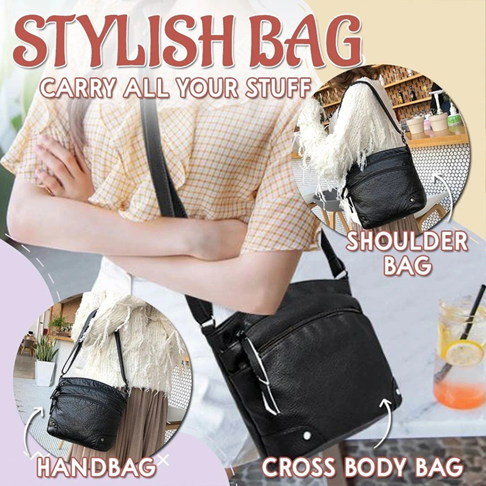

New Women Leather Crossbody Purse Soft PU Leather Triple Zip Sling Crossover Shoulder Bag for Home Office Travel Business