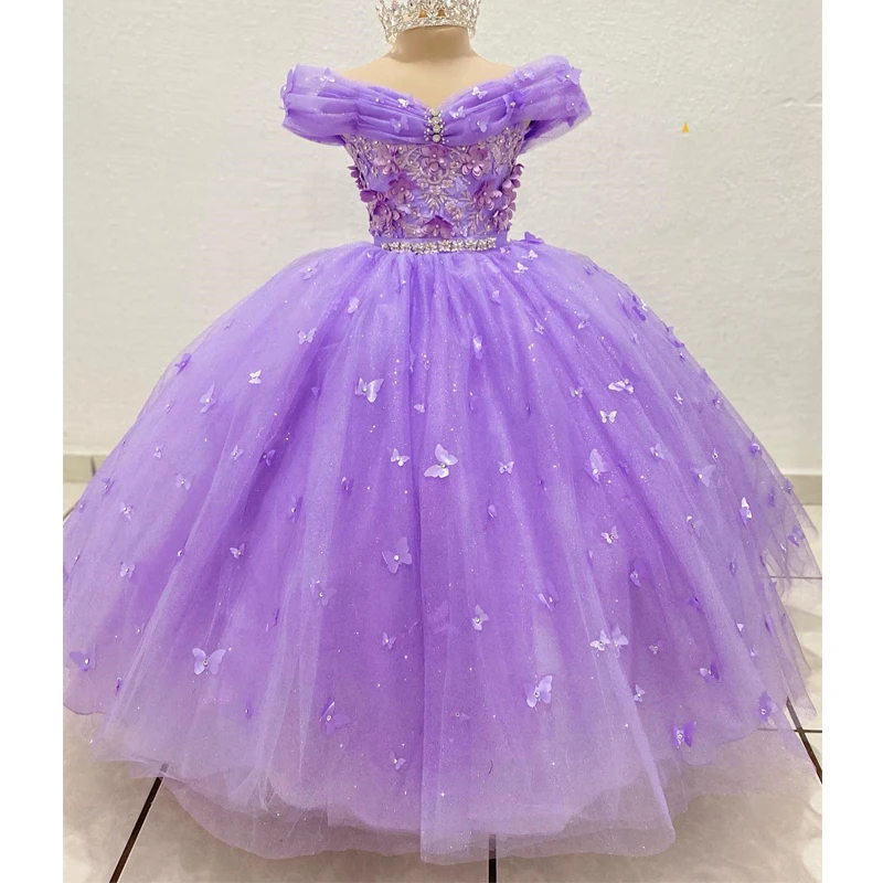 

Purple Shiny Flower Girls Dress Off Shoulder Princess Ball Gown For Birthday Lace Crystals Beads Bow vestidos para niñas