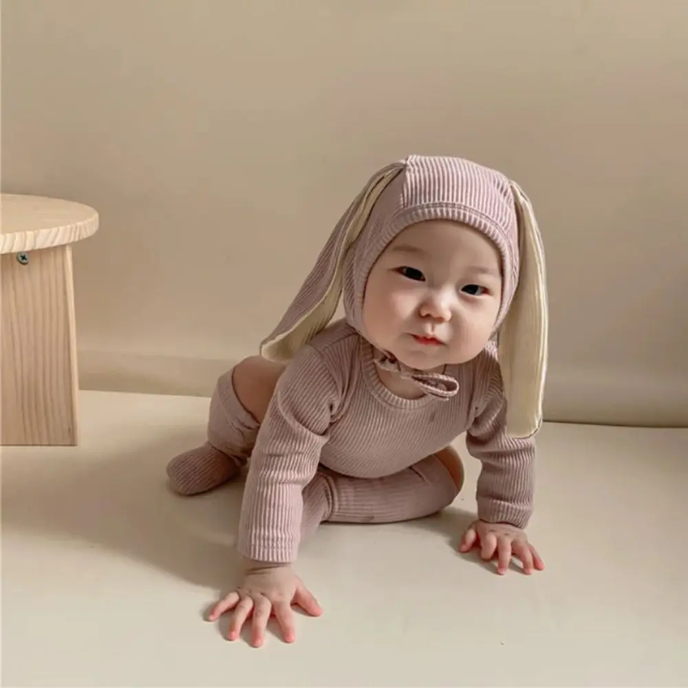 Cotton Solid Rabbit Romper Sets Ribbed Texture Solid Color Bunny Costume 3 Pieces Set Ear Hat Infant Clothes Toddler Boys
