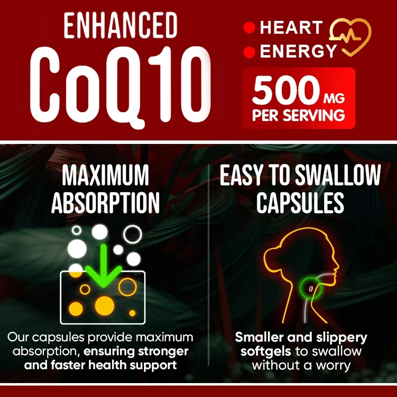 Coq10 500 Mg, High Absorption With Piperine to Support Heart, Brain & Cardiovascular Health, Energy & Cellular Metabolism