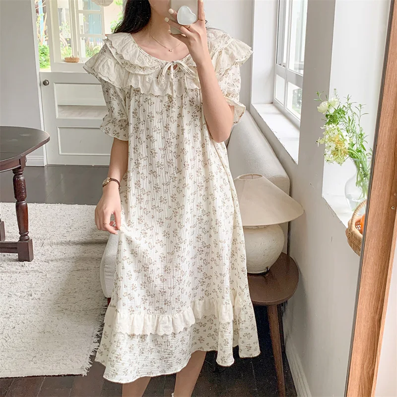 Soft Floral Print Flowers Flounce Short Sleeve NightDress Women Summer Cotton Sleepwear Ins Comfortable Casual Elegant Loose