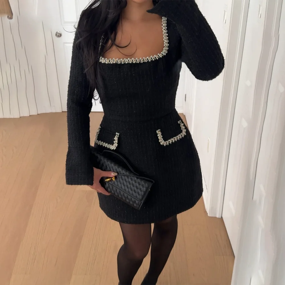 Talenza Long Sleeve Tweed Dress Women's Elegant Square Neck Luxury Party  Evening Gown Retro Slim Patchwork Short Dress Vestido - AliExpress 200000345
