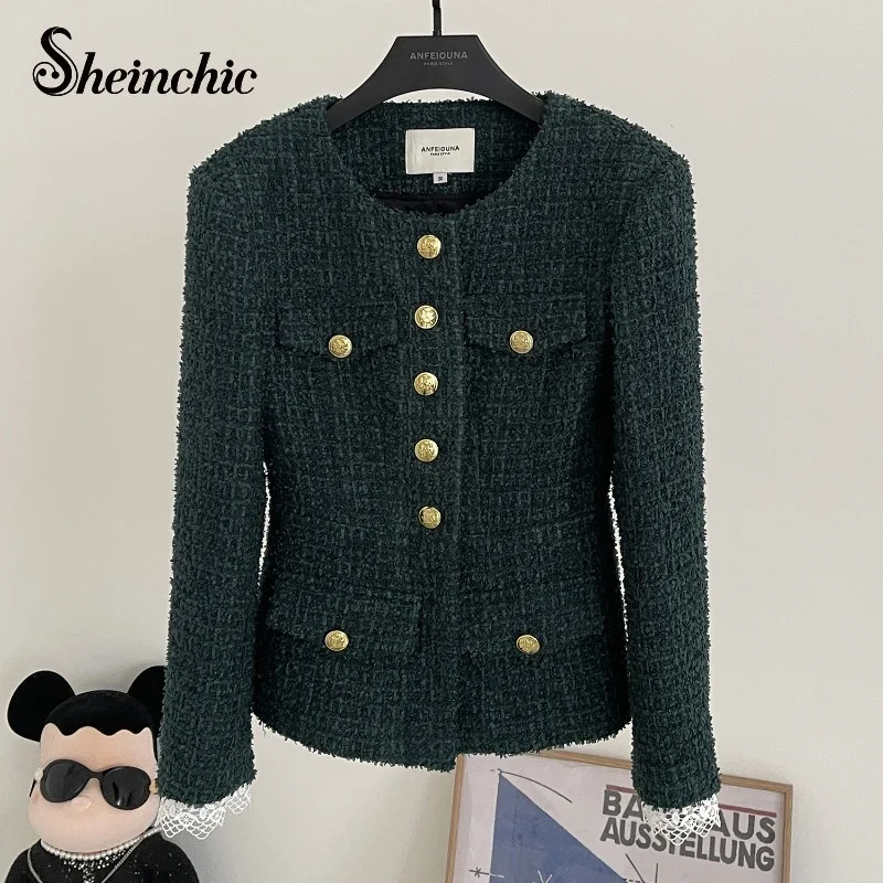 

Vintage Green Tweed Jacket for Women 2023 Winter Luxury Designer Elegant Lace Patchwork Wool Coat High Quality Abrigo Mujer