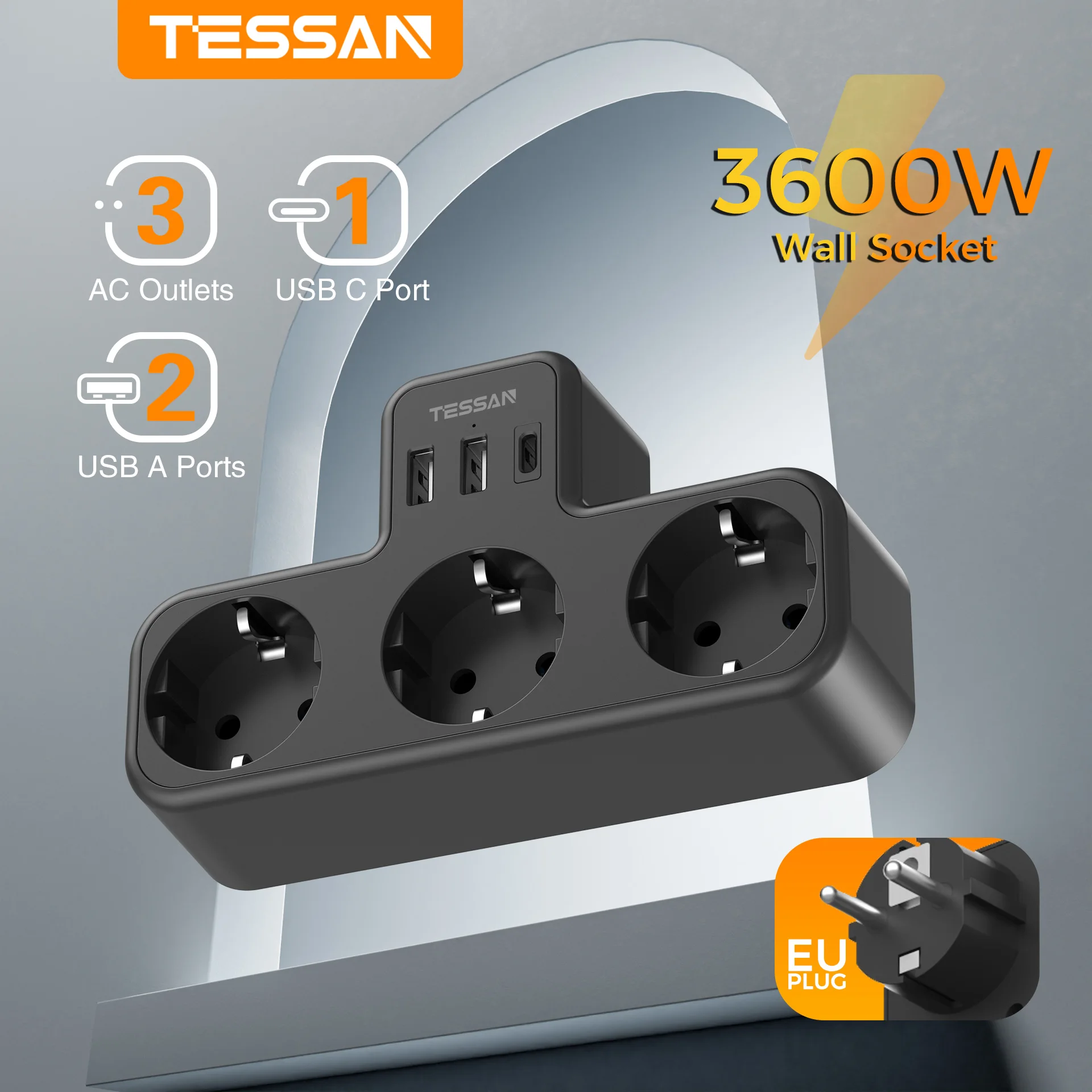 TESSAN Multiple Wall Socket Extender with 3 Outlets +2 USB +1 Type C 6-in-1 EU Plug Socket Adapter Overload Protection for Home plug adapter wall socket extender