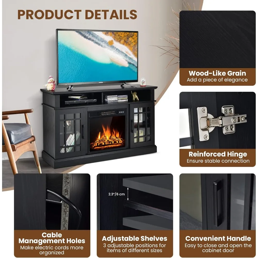 Electric Fireplace TV Stand, TV Console for TVs with 18 Inch Fireplace up to 55 Inch with 2 Open Shelves and Cabinets w/Doors 3
