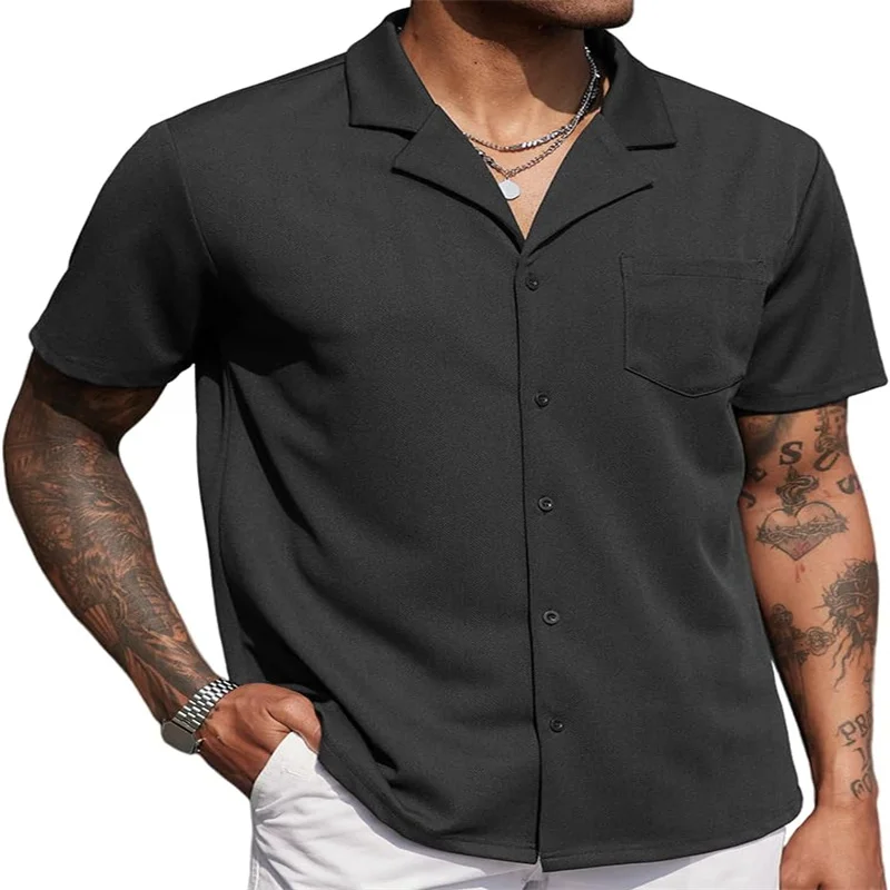Shirt Men Casual Fashion Wrinkle-free Untucked Cuban Business Casual Button-down Short Sleeve