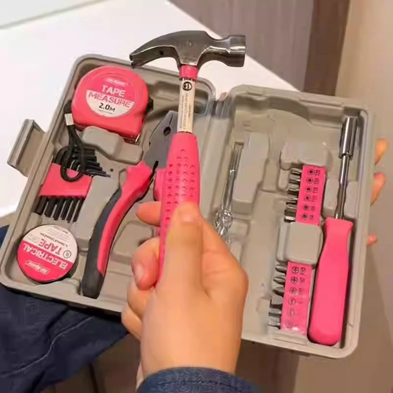13/24pcs Pink Household Tool Set Hammer Hex Wrench Repair Worker Box Female Screwdriver Tape Measure Set Box DIY Handmade Tool