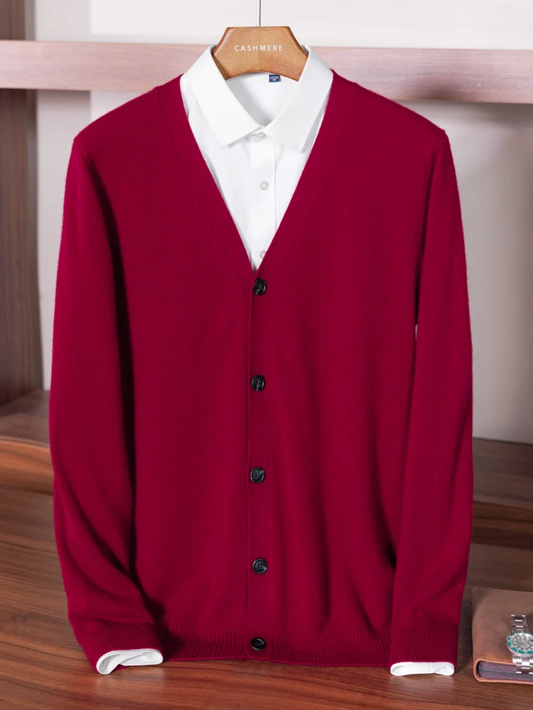 High Quality 100% Pure Cashmere Cardigan Men Sweater Spring Autumn Knitted Jacket Solid Color V-Neck Long-Sleeved Knitwear