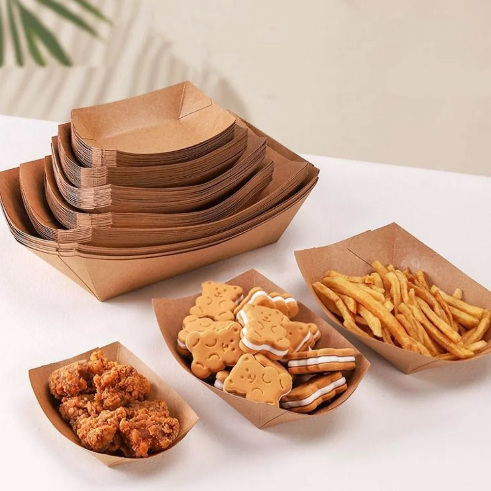 50 Pcs Kraft Disposable Food Trays Thickened Water Proof Hot Dog Containers Oil Proof with Film Boat Shape Snacks Holder Taco