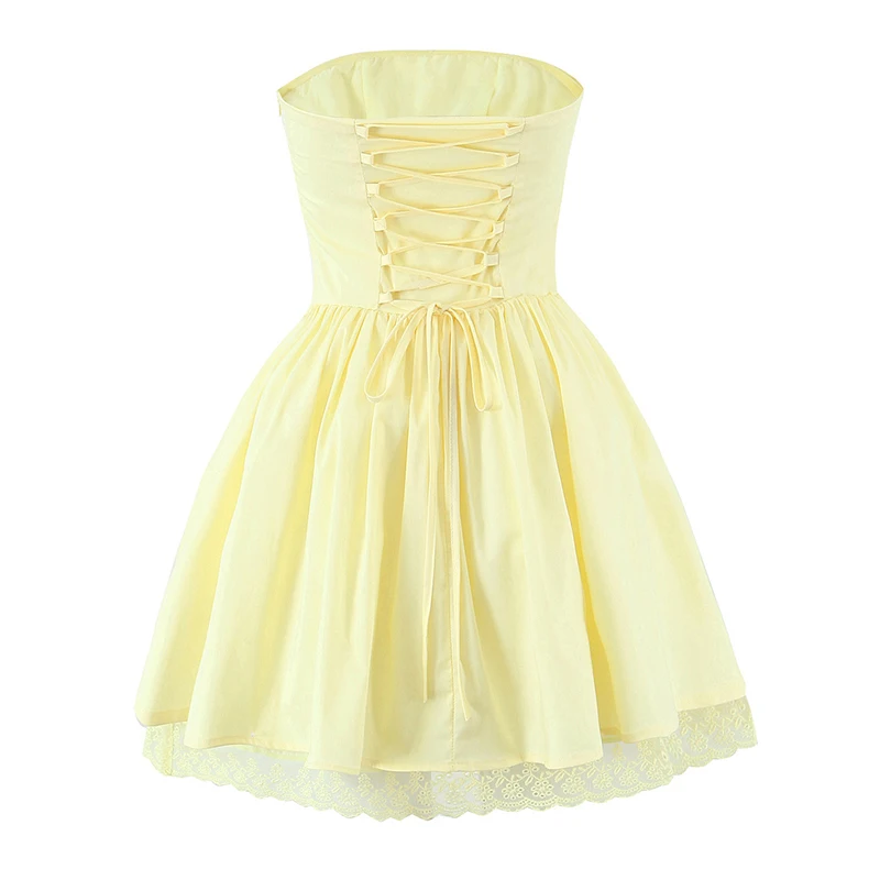 YENKYE Lacing Up Sexy Strapless Dresses For Women Lace Trim