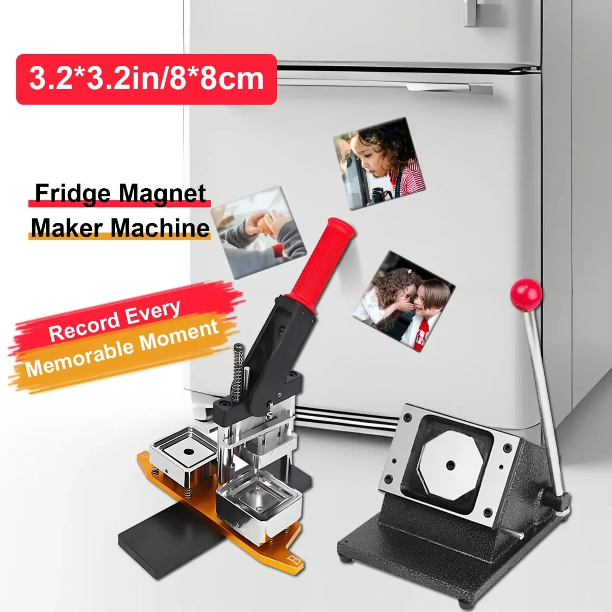 80x80mm Square Fridge Magnets Badge Maker Machine DIY Photo Refrigerator Sticker Magnet Machine+Paper Cutter+1000pcs Materials