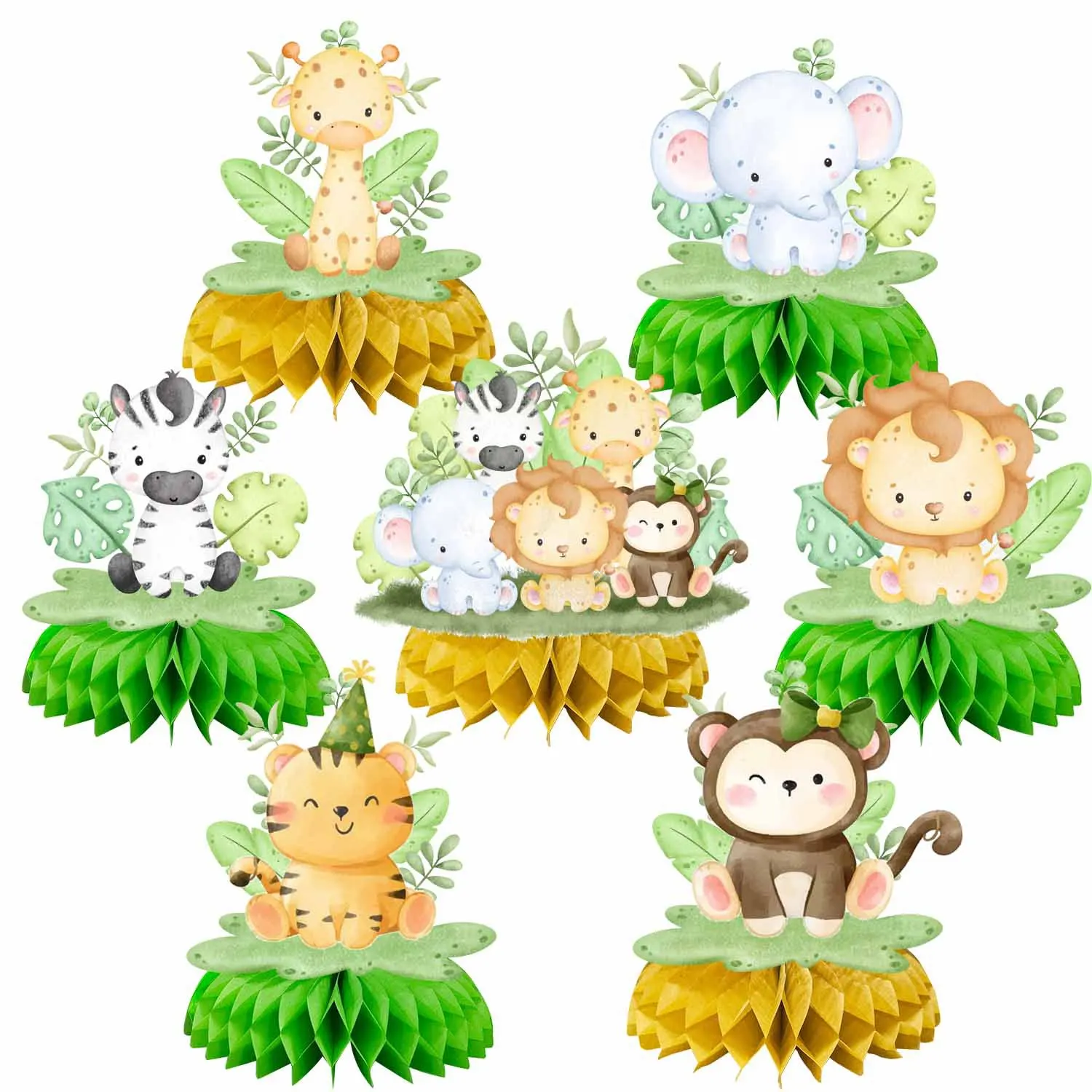 

Jungle Forest Animals Honeycomb Lion Tiger Monkey Elephant Table Ornaments Kids BabyShower Happy Wild One Birthday Decor