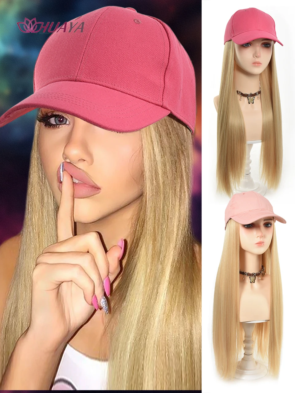 Pink Baseball Hat Hooded Wig Hat Wig Long Straight Wig Synthetic Hair Beginners Friendly Heat Resistant Natural Looking For Dail