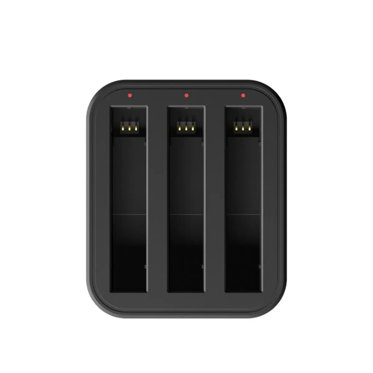 Vue rapprochée du chargeur de batterie intelligent 3 en 1 avec indicateurs LED pour caméra action X2 X3