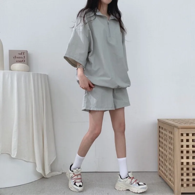 Short sleeve Shorts Women clothes Two-piece Set Plus size Turtleneck Zip-up Spring Summer Fashion Casual Sweatshirt Set Loose women shirt shorts set