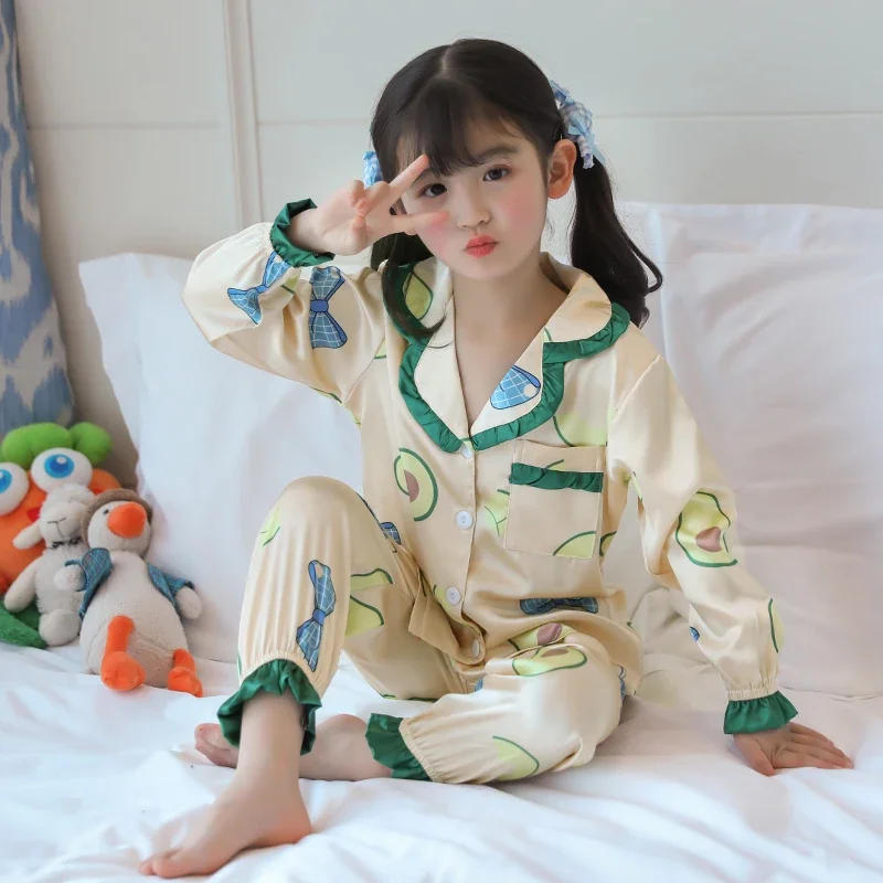 

New Children Pajamas Set Silk Satin Homewear for Kids Casual Printed Girls Sleepwear Spring Summer Boys Tracksuit Youth Wear
