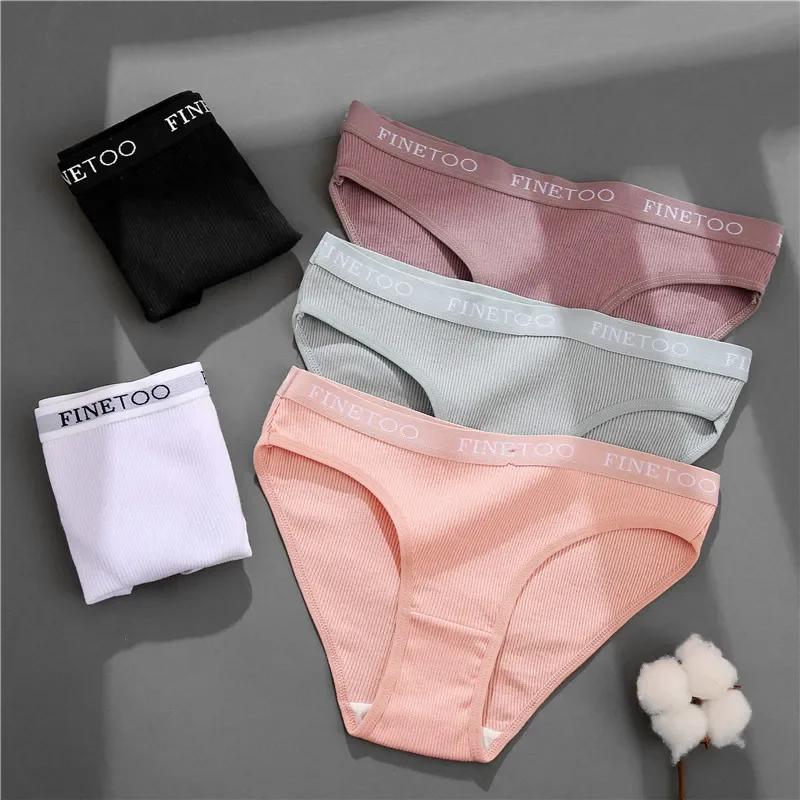 3PCS Threaded cotton triangle underwear women's bikini solid color cotton crotch breathable mid waist triangle pants