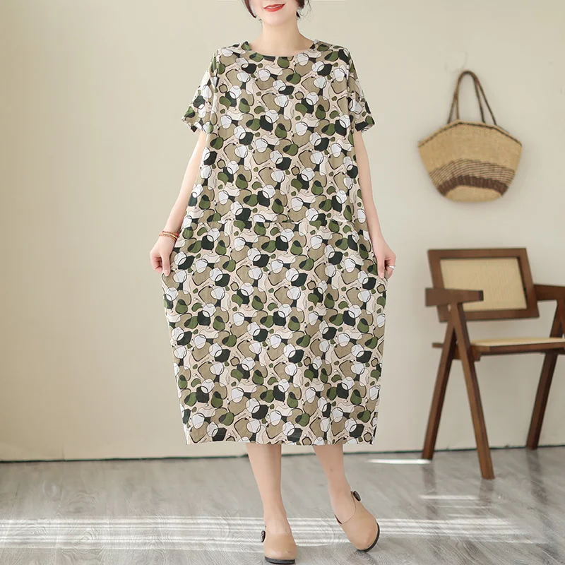 فستان صيفي جديد طويل من القطن والكتان بطبعة