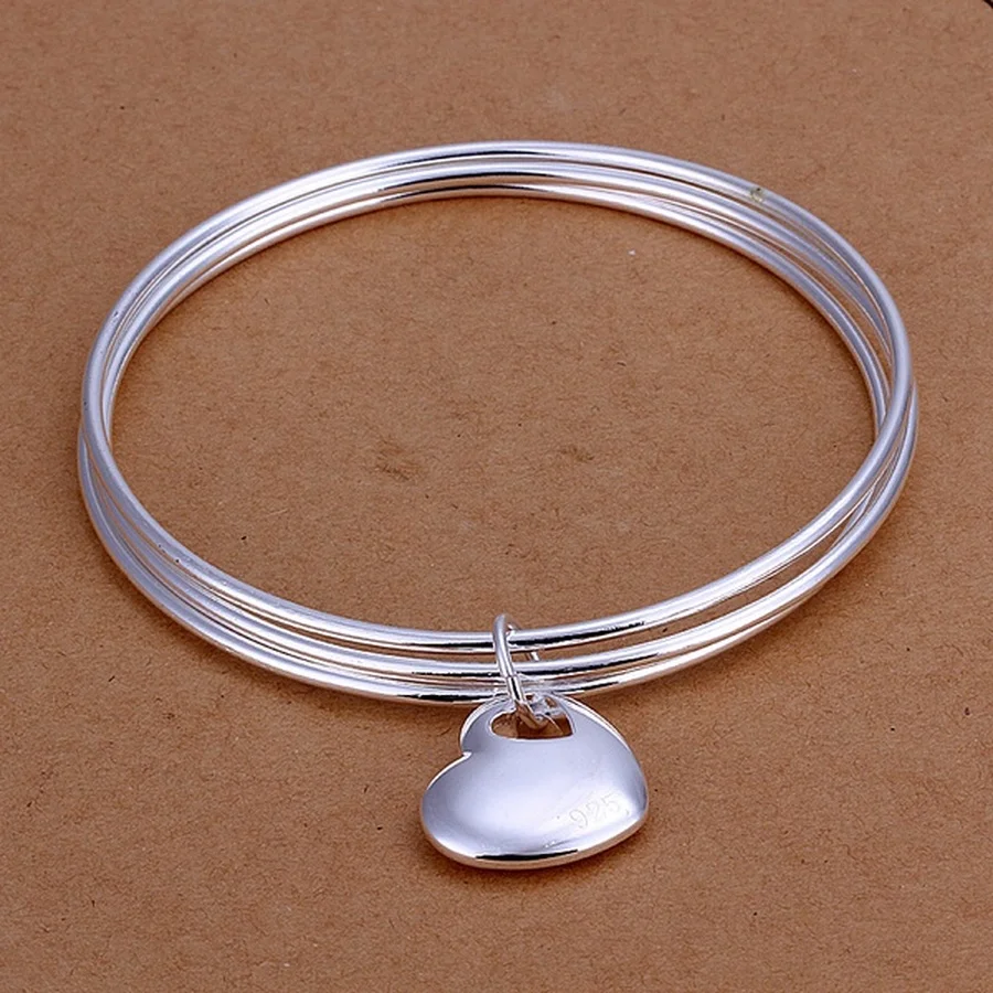 

925 Stamp silver bangle favorite Valentine's Day gift fashion jewelry wedding round circle hanging heart bracelet lady girl