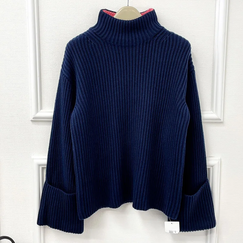 

High Quality Cashmere Cotton Blend Sweater 2023 Winter Thickened Warm Contrasting Colors Turtleneck Knitted Pullover Women Tops