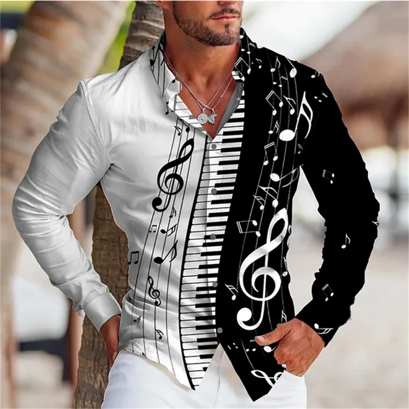 2023 Men's long-sleeved shirt Music notes Piano keys lapel stand collar long-sleeved printed clothing linen fashion designer избранные произведения для фортепиано ноты selected works for piano sheet music