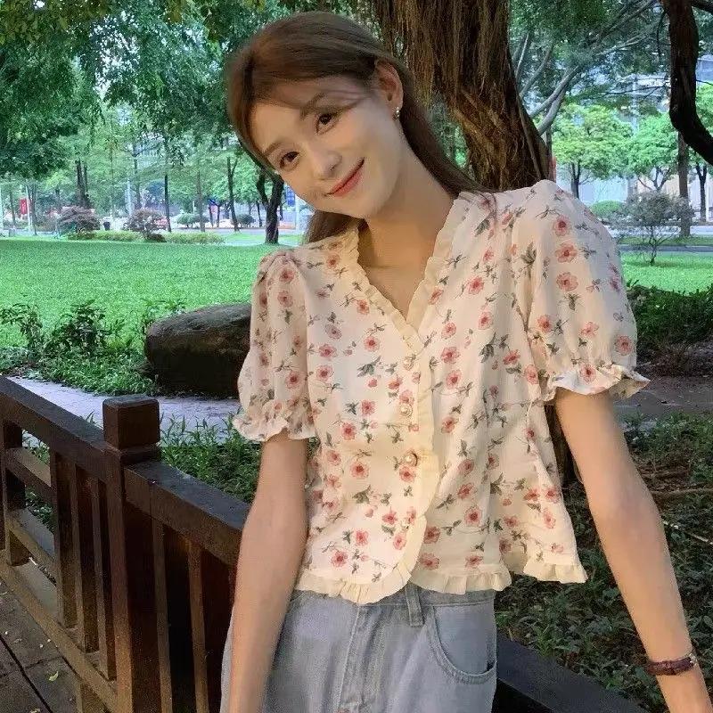 Sweet Floral Short Blouse Summer New Short Sleeve V Neck Printing Pleated Patchwork Shirt Tops Fashion Elegant Women Clothing