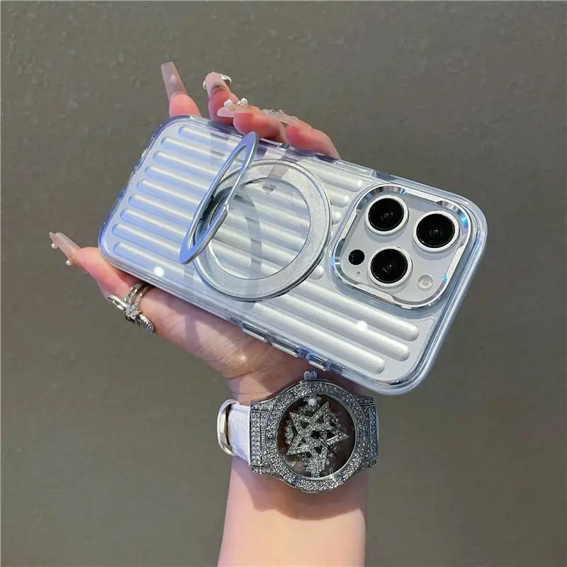 Luggage Corrugated Magnetic Charging Case For IPhone 17 14 15 16 Pro Max Luxury 360 Metal Finger Ring Bracelet Kickstand Cover_voghion.com