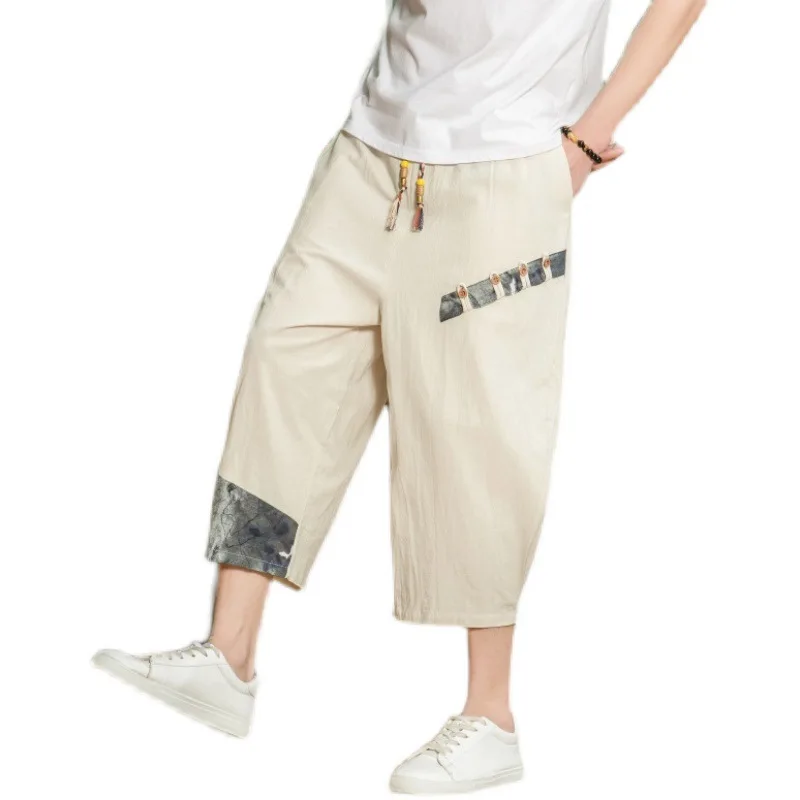 

Summer New Linen Trendy Casual Pants for Men's Chinese Style Loose Large Size Cotton Linen Fat Men's Breathable Capris