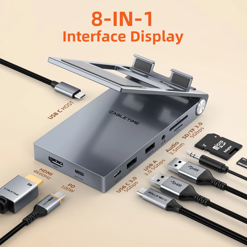 CABLETIME 8 IN 1 USB C 허브(IPad Pro 안드로이드 태블릿 C503용 접이식 스탠드 포함)