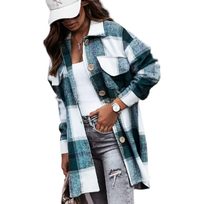 2023 Spring Office Lady Clothes Fashion Long Sleeve Turn-down Collar Female Plaid Jackets Long Woman Woolen Blouses Wholesale