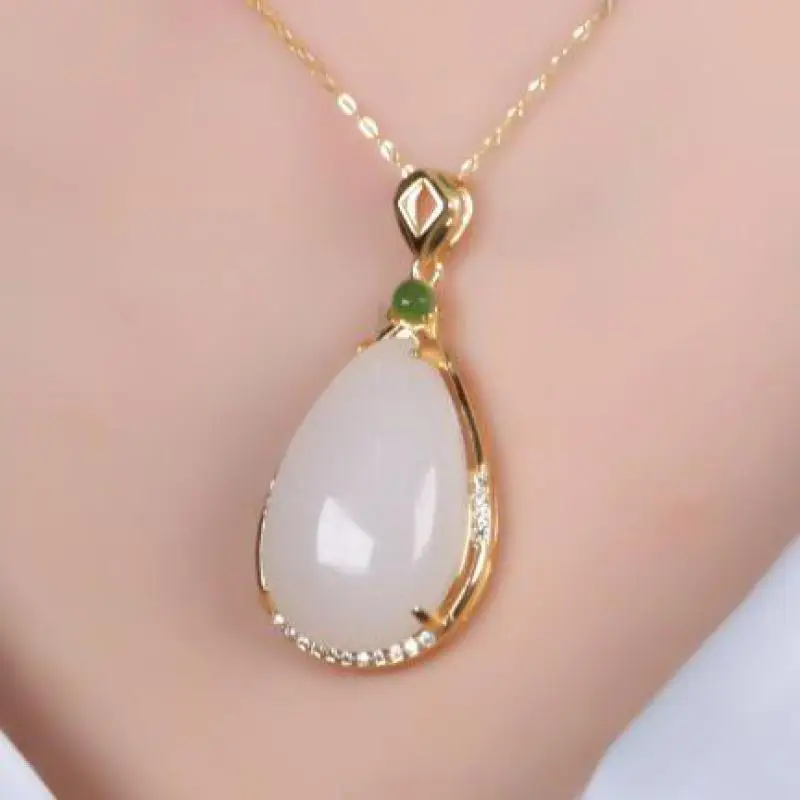 Natural White Jade Waterdrop Pendant 925 Sterling Silver Necklace Women