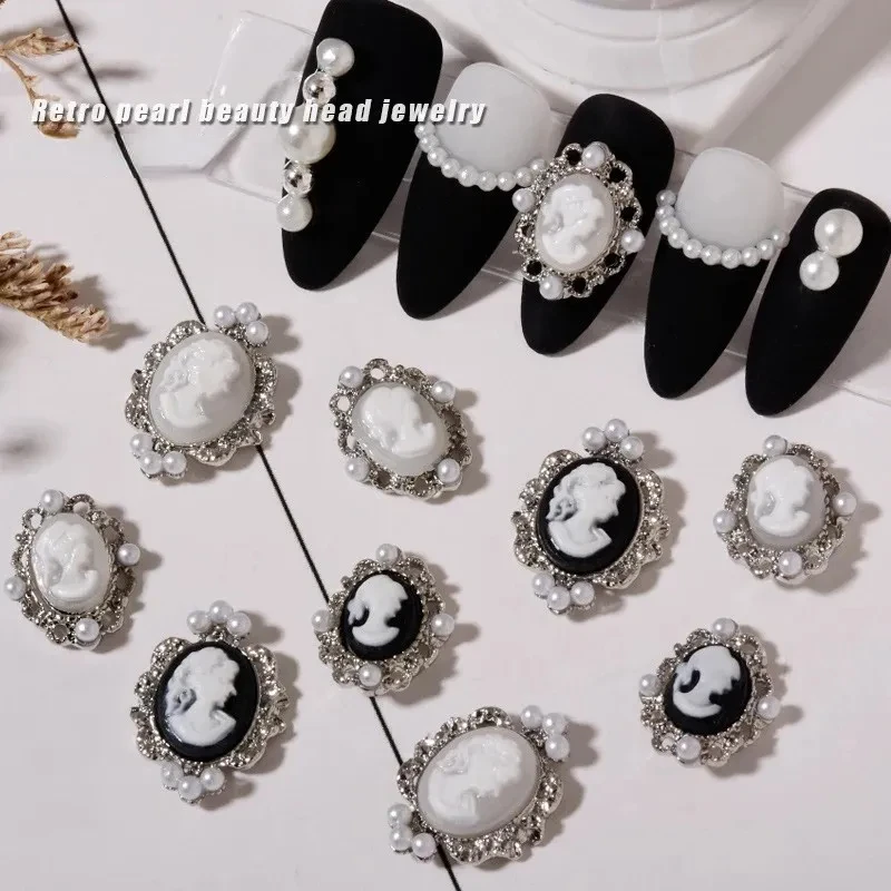 레트로 바로크 그릴 네일 아트 참, 3D 엠보싱 블랙 화이트 걸 헤드 네일 장식, 골드 실버 금속 테두리 네일 쥬얼리, 10 개 