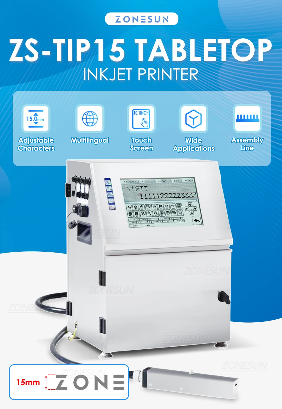 ZONESUN ZS-TIP15 Tabletop Multilingual Inkjet Date Coding Machine Barcode Batch Expiry Date Number Logo Printing Machine