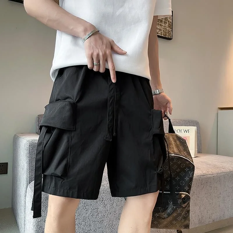 Summer Loose Solid Color Large Pocket Men's Cargo Shorts Classic Waist Drawstring Straight Cylinder Street Casual Male Short