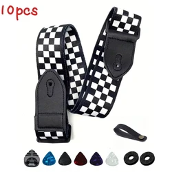 Premium Black PU Leather and Cotton Guitar Strap Set - 7 Pieces Music Accessory Collection (10PCS Black White)