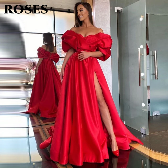 Red Satin Evening The Shoulder Short Sleeves High Slit Prom Gowns Sexy Mother Bride A Line Formal Party Dress - AliExpress