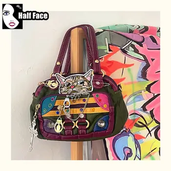 Y2K Spicy Girls Harajuku Women’s Gothic Punk PU Soft Leather Red Rivet Chain One Shoulder Casual Lolita Crossbody Bags Tote 1