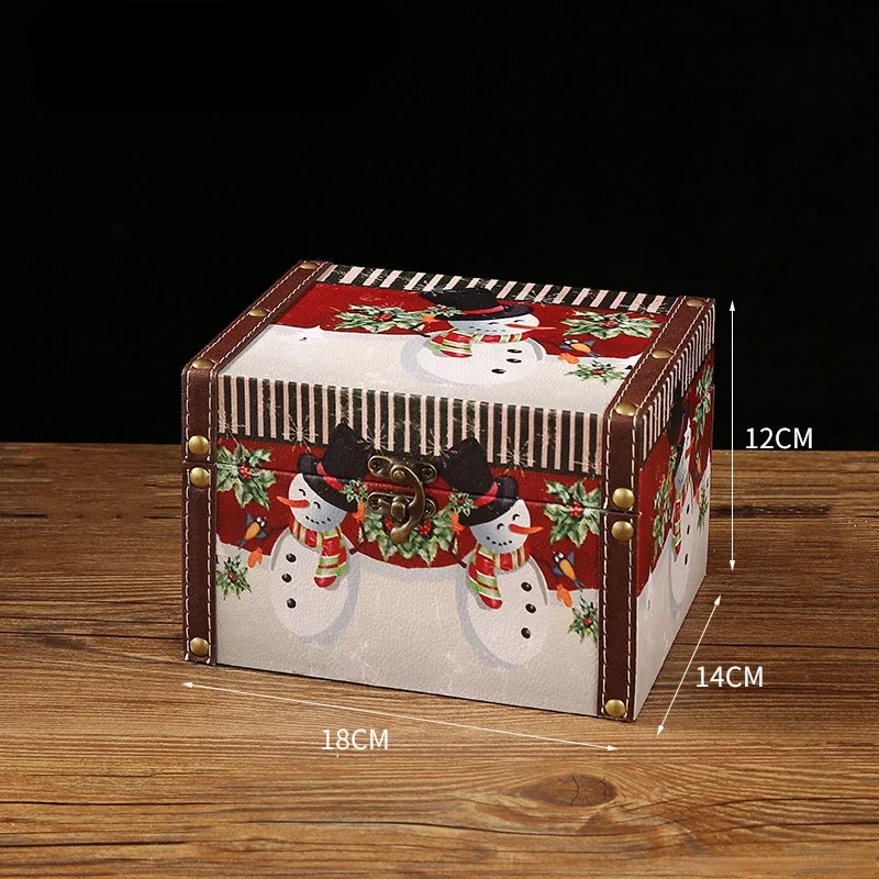 Christmas themed retro leather candy box, mini wooden jewelry box with lock, dust-proof storage for living room and bedroom
