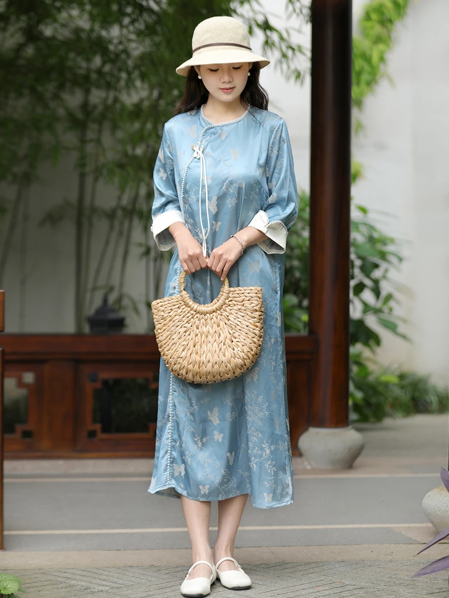 

LZJN Chinese style women's dress vintage Republic of China style Qipao long round neck seven-point sleeve dress