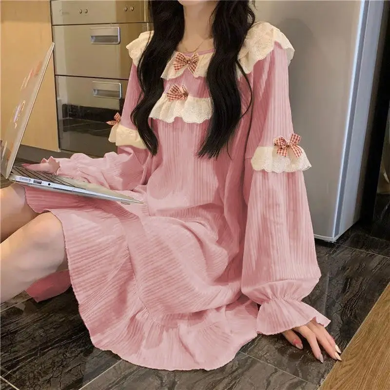 Fashionable nightgown women with bow spring autumn Korean style new loose student cute sweet style long-sleeved long skirt home