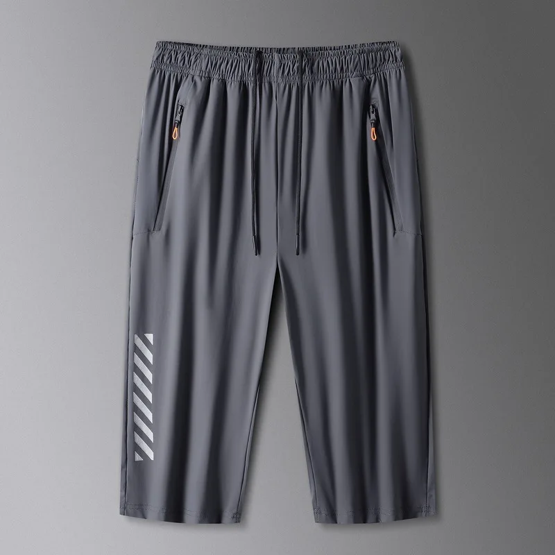 Cropped Pants Men Summer Ice Silk Casual Loose Sports Shorts Comfortable Stretch Breathable Large Size Running Pants M-8XL