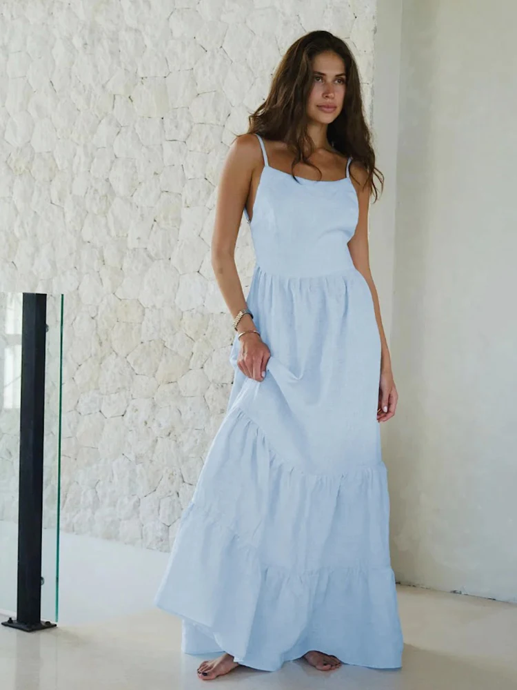 Vestido largo de chiffon y encaje con espalda descubierta Musgo