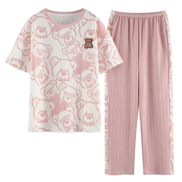 Women Pajama 2 Pcs Sets Cotton T-shirt Elastic Waist Ankle Length Pants Cartoon Plaid Sweet Home Clothes Can wear Outside