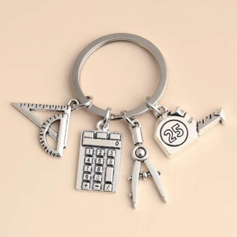 New Study Keychain School Supplies Key Ring Ruler Computer Compass Tape