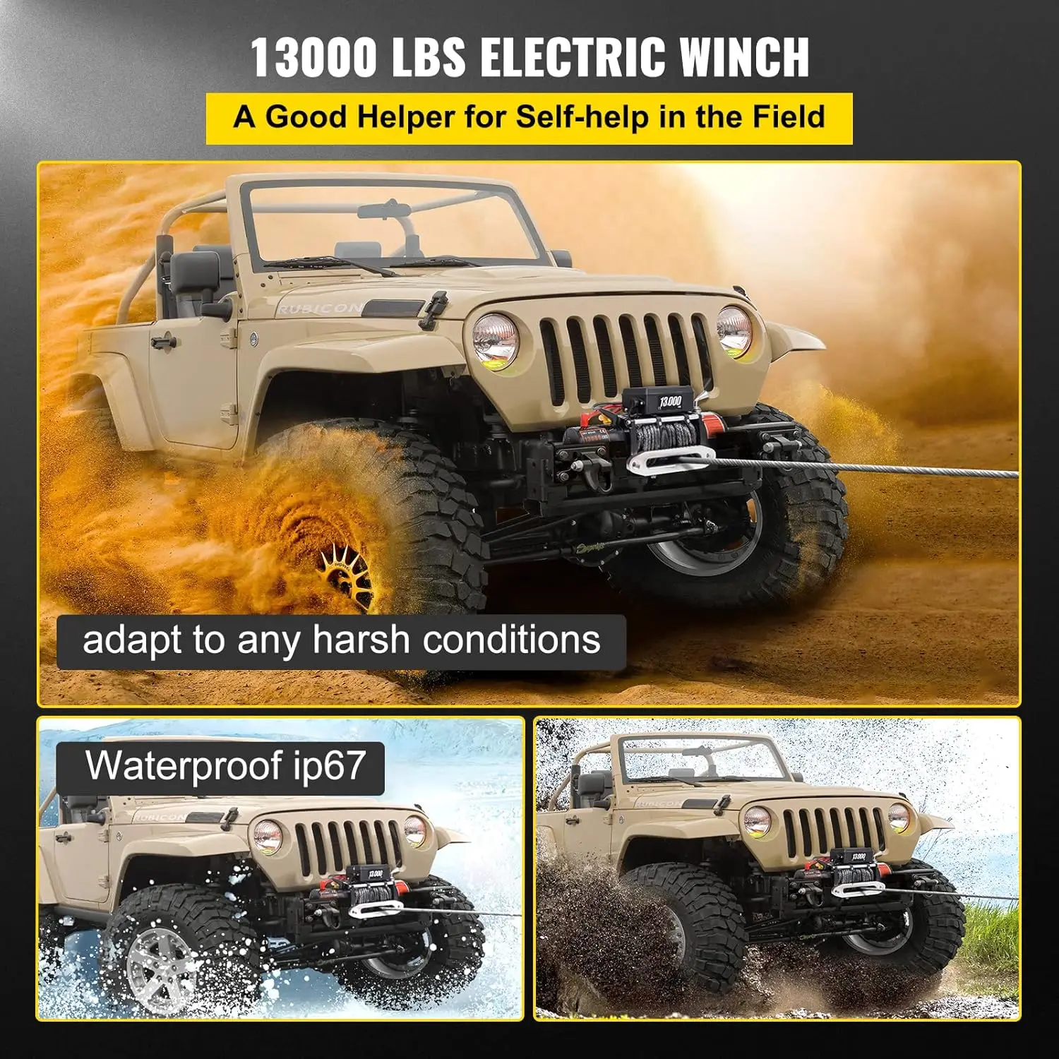 Electric Winch 13000lb Load Truck Winch Compatible with Jeep Truck SUV Synthetic Rope 12V Power Wireless Remote Control