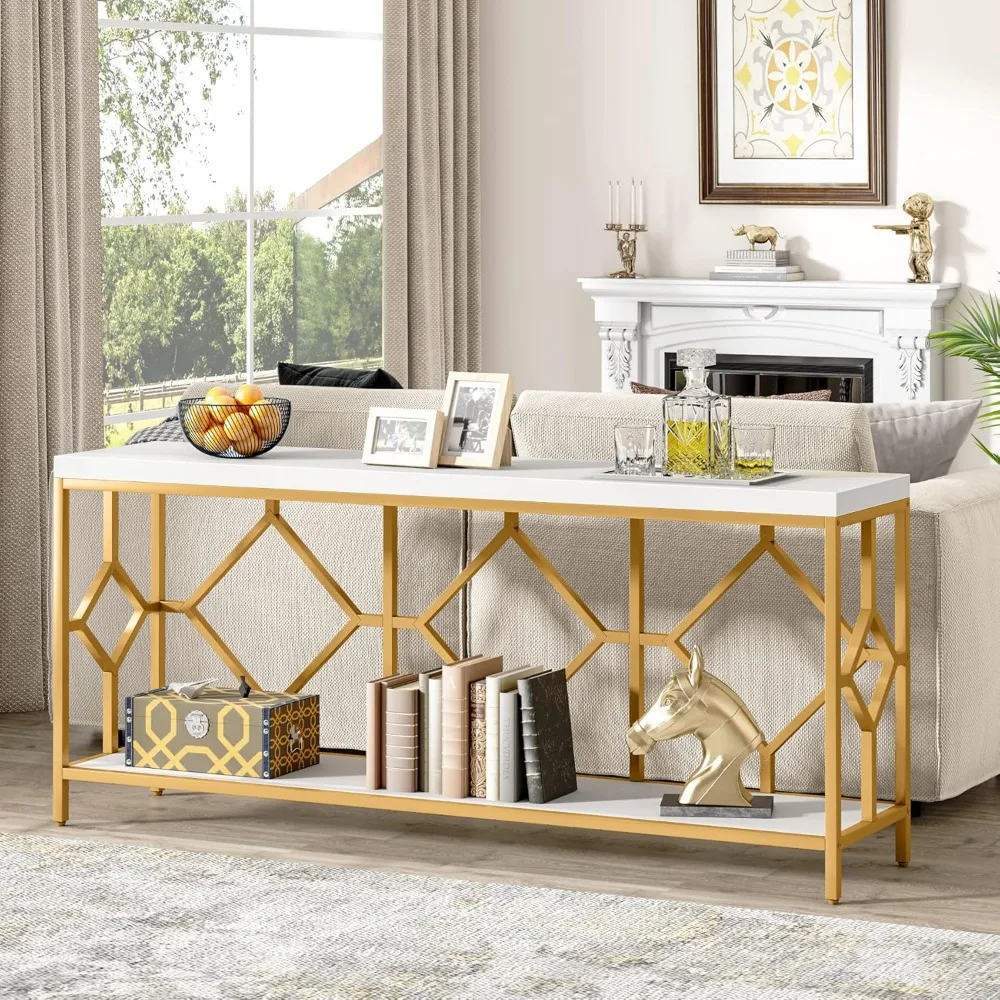 2-Tier Mid-Century Modern Narrow Console Table for Entryway 70.86 Inches Extra Long Sofa Table Behind Couch Accent