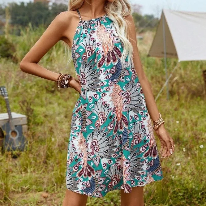 

Halter Vintage Print Mini Dress Women 2024 Summer Vintage Off Shoulder Sexy Dresses Lace Up Sexy Beachwear Outfits