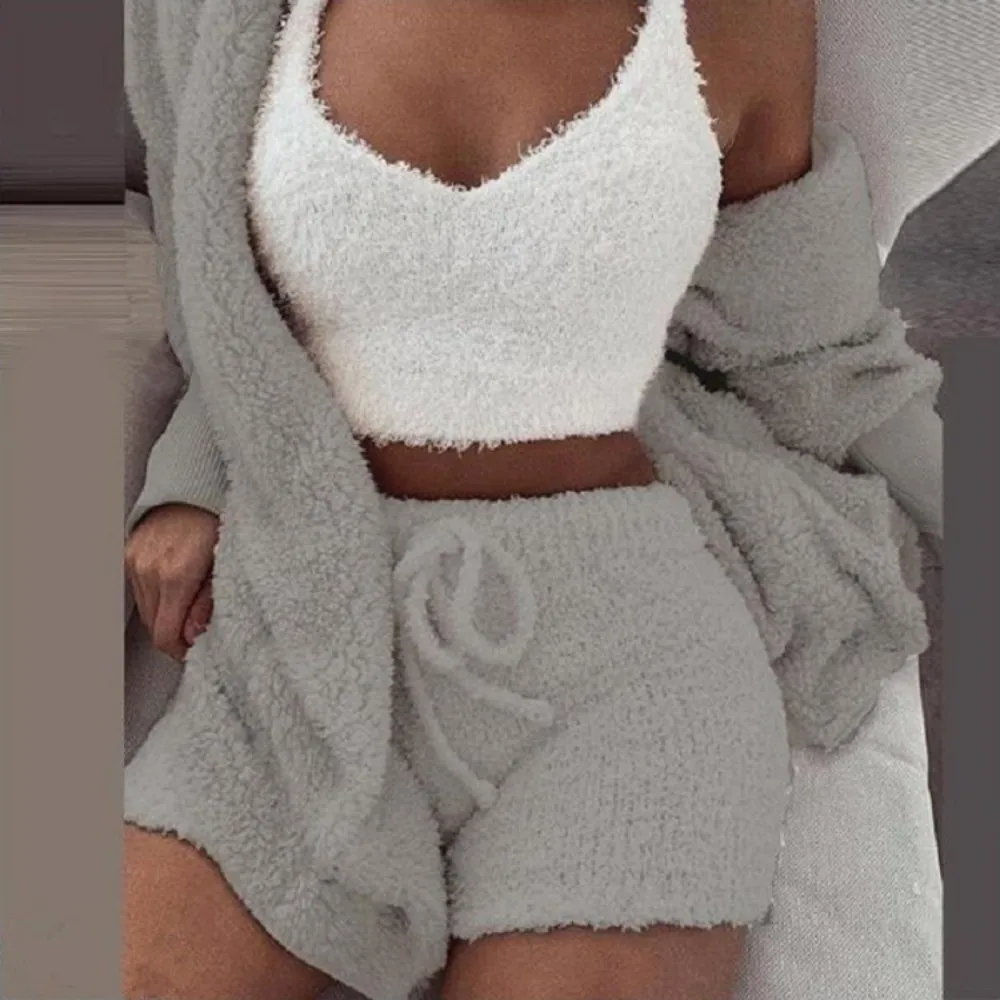 Women'S Pajamas Sets Autumn Winter Fluffy Sleepwear Plush Robe Sets 3 Piece Shorts Set  Women Loungewear Hoodie Pijamas Sets