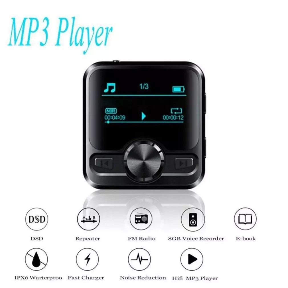 미니 블루투스 호환 4.2 스포츠 플레이어 HIFI MP3 음악 플레이어, 사운드 레코드 IPX6 FM 라디오 리피터 1.2 인치 디지털 디스플레이